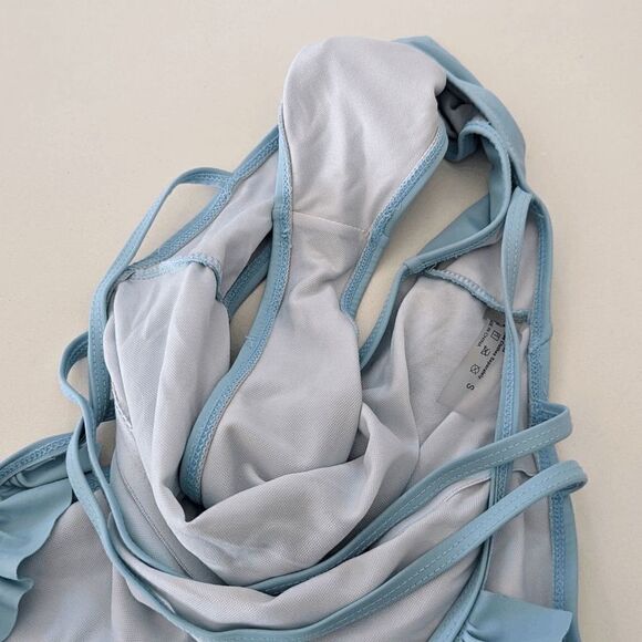 Womens SheIn One Piece Bathing Suit Monokini Ruffle Deep Plunge Small Light Blue - Picture 8 of 9
